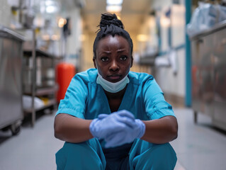 Hospital Intensive Care Coronavirus Ward: Portrait of Sad, Tired Black Nurse Taken off Face Mask Sitting on a Floor, Sorry for All the Patients Lost to Pandemic. Brave Hero Paramedics Save Lives.