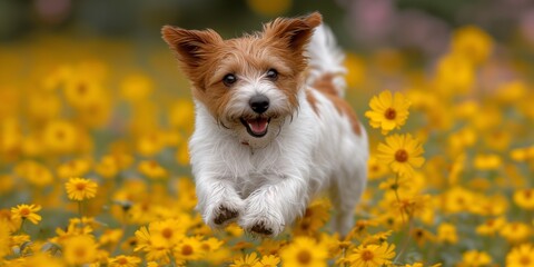Agile Dog Running Through Field of Yellow Flowers