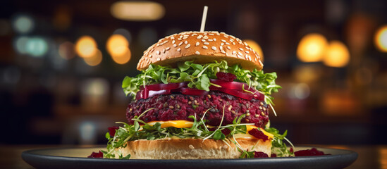 Gourmet vegan close-up of a vegetarian beetroot burger with sesame bun, topped with fresh greens...