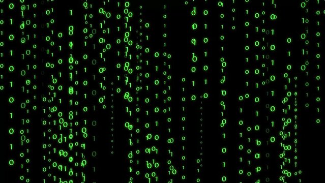 Binary code black and green background with digits moving on the screen, Concept of the digital age. Algorithm binary, hud interface, data code, decryption and encoding, row matrix background.
