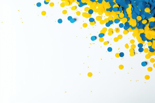 Blue And Yellow Confetti Isolated On White Background With Copy Space