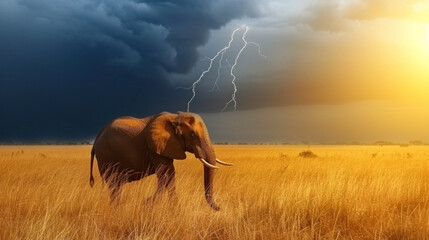 Big elephant in savannah, sunset, dramatic clouds and thunderstorm on horizon