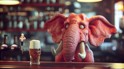Pink elephant with dead eyes drinks beer in a bar - alcoholism, alcohol psychosis concept - obrazy, fototapety, plakaty