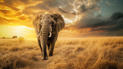 Fototapeta na wymiar Big elephant in savannah, sunset light, dramatic sky
