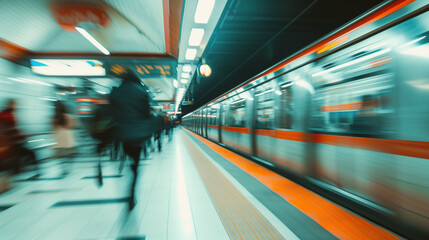 Subway station with train moving fast, Motion blur.