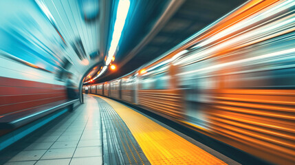 Fototapeta na wymiar Subway station with train moving fast, Motion blur.