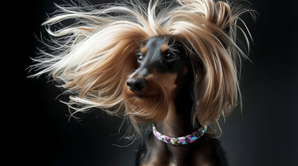 A dog with long hair blowing in the wind in style of fashion editorial. Dog coat on dark background.