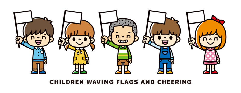 Clip art of children cheerfully waving a flag