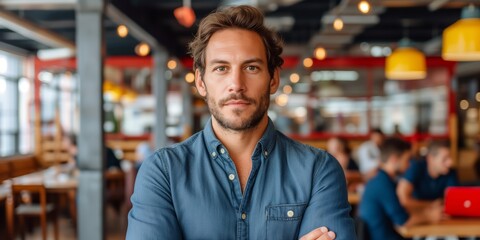 Obraz premium Confident Man Standing With Crossed Arms in a Busy Restaurant.