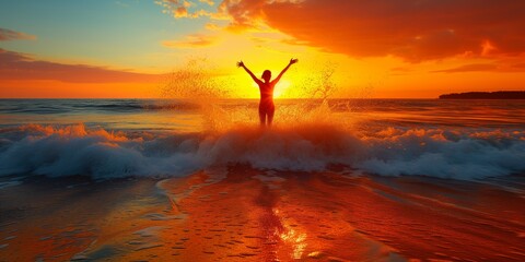 Person Standing on Beach With Arms Raised in Celebration - Powered by Adobe