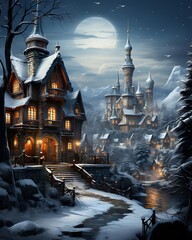 Winter night in a fairy-tale castle. 3D illustration. - obrazy, fototapety, plakaty