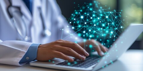 Person Typing on Laptop With Network on Keyboard