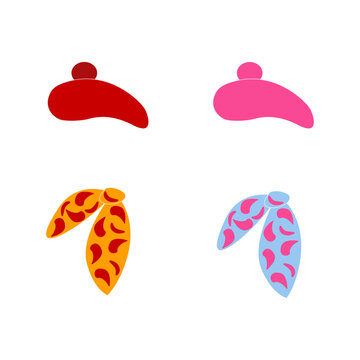 Women's wool berets in red and pink with silk scarves in blue and yellow. Demi-season hats, accessories for women. Colored vector illustration