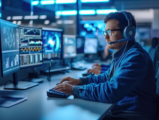 Professional IT Technical Support Specialist and Software Developer Working on Computer in Monitoring Control Room with Digital Screens, Employee Wears Headphones with Mic and Talking on a Call.