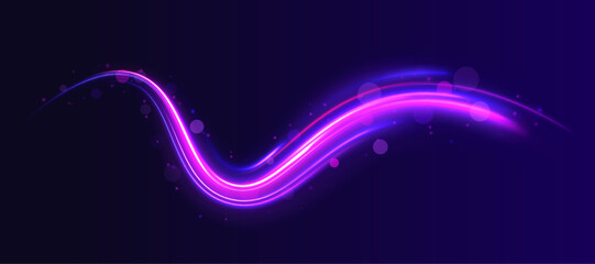 Illustration of light ray, stripe line with blue light, speed motion background. Radial color spirals. Vector blue glowing lines air flow effect.	