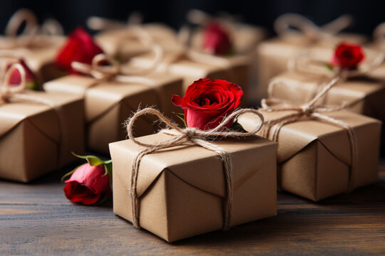 Gifts in a paper package with a red roses.