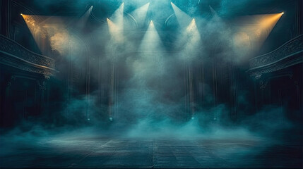 empty stage adorned with blue lights and subtle smoke against a black background. The artistic lighting and dramatic ambiance create a captivating scene, for conveying the anticipation of event