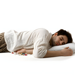 Obraz na płótnie Canvas Young adult using sleeping pills to fall asleep isolated on white background, detailed, png 