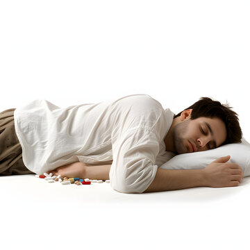 Young adult using sleeping pills to fall asleep isolated on white background, detailed, png
