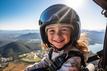Little girl in helmet and goggles on the background of the mountains. - obrazy, fototapety, plakaty