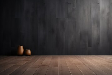 Mock up of Charcoal painted wall background with light brown parquet flooring and two vases as decor. Elegant wall. Wall ideas. Wall decor. Modern wall decoration. Wallpaper. Wall panel. Room decor
