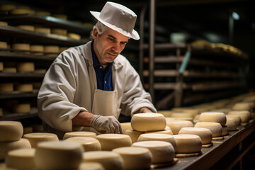 Cheese factory worker - man wearing gloves at work