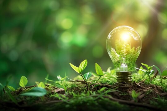Green idea concept with a light bulb in a green field. Generative AI