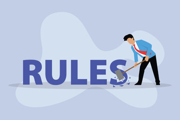 Businessman hitting word of rules with hammer 2d vector illustration