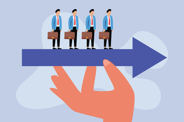 Successful business people and blue arrow held by a big hand 2d vector illustration