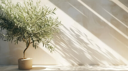 olive tree gracefully standing in the shadow of a white wall. The combination of natural beauty and architectural simplicity creates a tranquil scene,  conveying the serene ambiance of outdoor spaces.