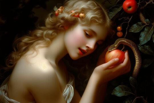 The critical moment in Eden with Eve reaching for the forbidden fruit, under the serpent's sly gaze, as paradise stands on the cusp of change.