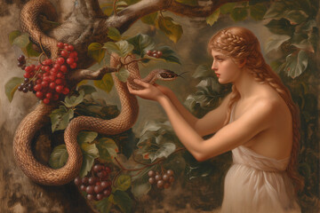 The critical moment in Eden with Eve reaching for the forbidden fruit, under the serpent's sly gaze, as paradise stands on the cusp of change. - obrazy, fototapety, plakaty