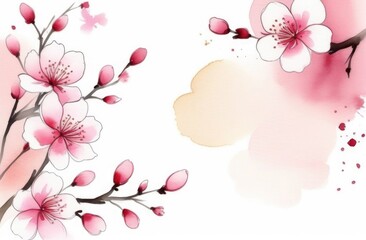 Sakura flowers on a white background watercolor. The banner. Space for text, free space. A spring postcard.