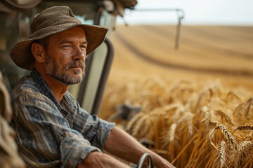 Mature farmer in a combine harvesting wheat. - obrazy, fototapety, plakaty