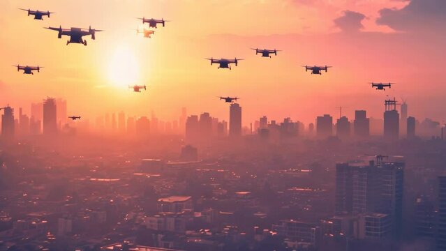 Metropolis Skylines: A Sunset Drone Spectacle. Generative ai