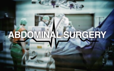 Abdominal surgery lettering, in the background the heart rate and an operating room with surgeons...