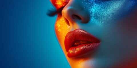 Obraz premium Womans Face With Bright Blue and Orange Makeup