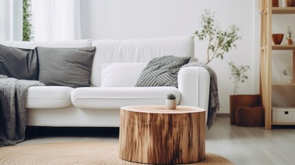 Tree stump coffee table near white sofa with grey pillows. Scandinavian home interior design of modern living room