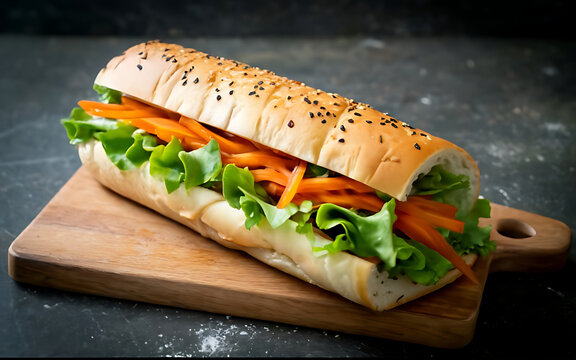 Capture the essence of Banh Mi Thit in a mouthwatering food photography shot