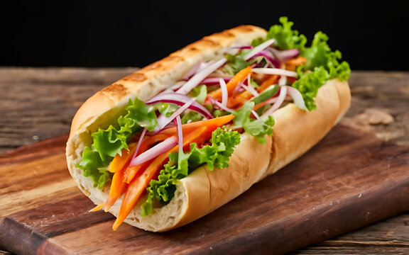 Capture the essence of Banh Mi Thit in a mouthwatering food photography shot