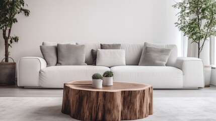 Tree stump coffee table near white sofa with grey pillows. Scandinavian home interior design of modern living room