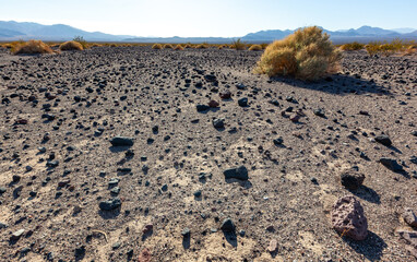 Black lava rocks in the dry hot Mojave Desert in California in a valley near Death Valley National Park