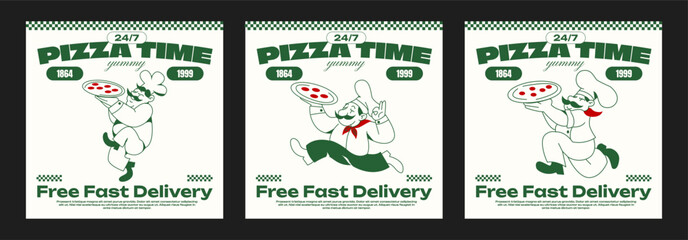 Cartoon characters chefs pizza delivery man in retro 90s style. Vintage poster, fast food online ordering. Vector logo of a pizzeria with a man in an apron