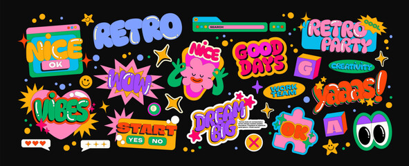 Cartoon retro stickers comic. Bright trendy patches, labels emotions. Vector doodle groovy funky mascots in 90s style