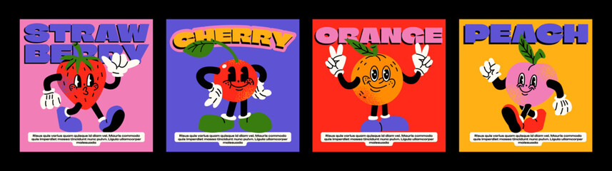 Fruit cartoon characters from the 90s. Trandy poster. funny colorful characters in doodle style, cherry, orange, peach, strawberry, with gloved hands. Vector groovy illustration with typography - obrazy, fototapety, plakaty