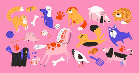 Cute pets cats and dogs in groovy style 90s. cartoon puppies characters in retro style. Animals veterinarian zoo stickers	