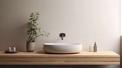 Fototapeta na wymiar Wall mounted vanity with white ceramic vessel sink. Interior design of modern scandinavian bathroom