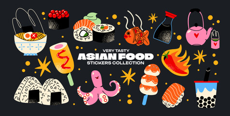 Asian cuisine cartoon set of stickers in retro 90s style. Food, dishes, ramen, noodles, sushi, traditional dishes. Japanese cafe bar restaurant. Vector shapes of national East Asian Japanese and China - obrazy, fototapety, plakaty