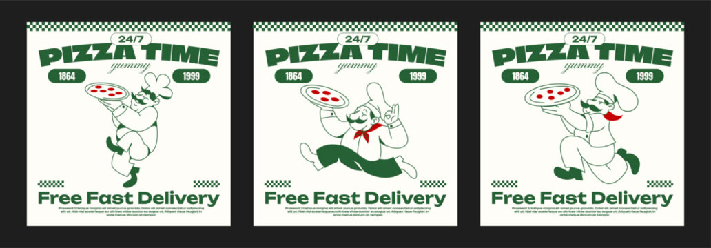 Cartoon characters chefs pizza delivery man in retro 90s style. Vintage poster, fast food online ordering. Vector logo of a pizzeria with a man in an apron