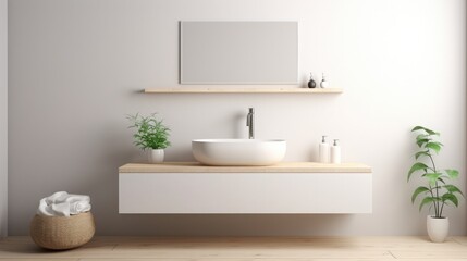 Fototapeta na wymiar Wall mounted vanity with white ceramic vessel sink. Interior design of modern scandinavian bathroom
